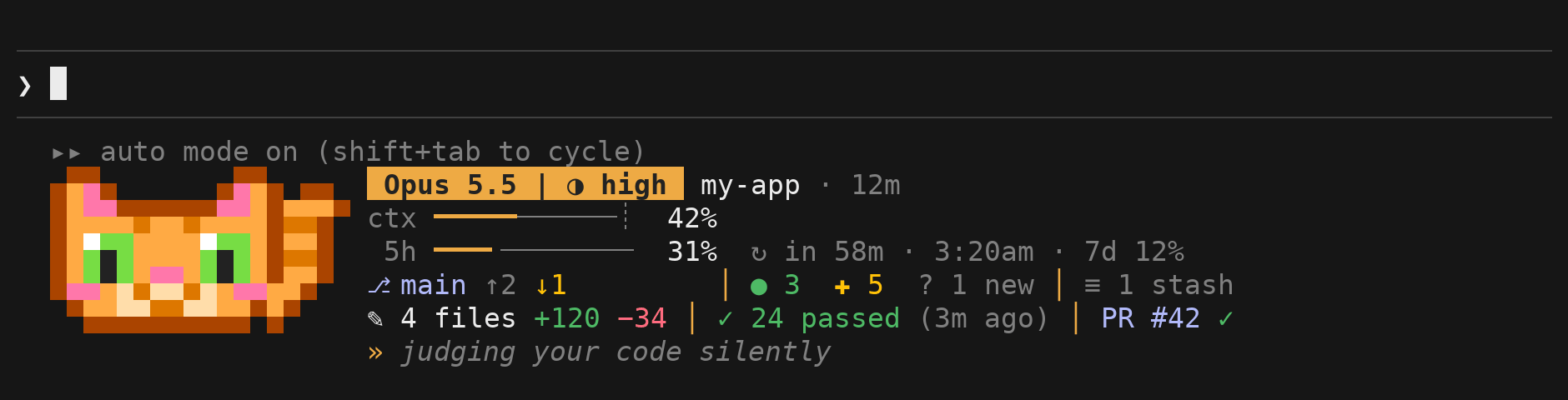 The awesome-hud HUD under the Claude Code prompt: a pixel mascot beside rows for the model, context use, plan limits, Git state and the latest test run.
